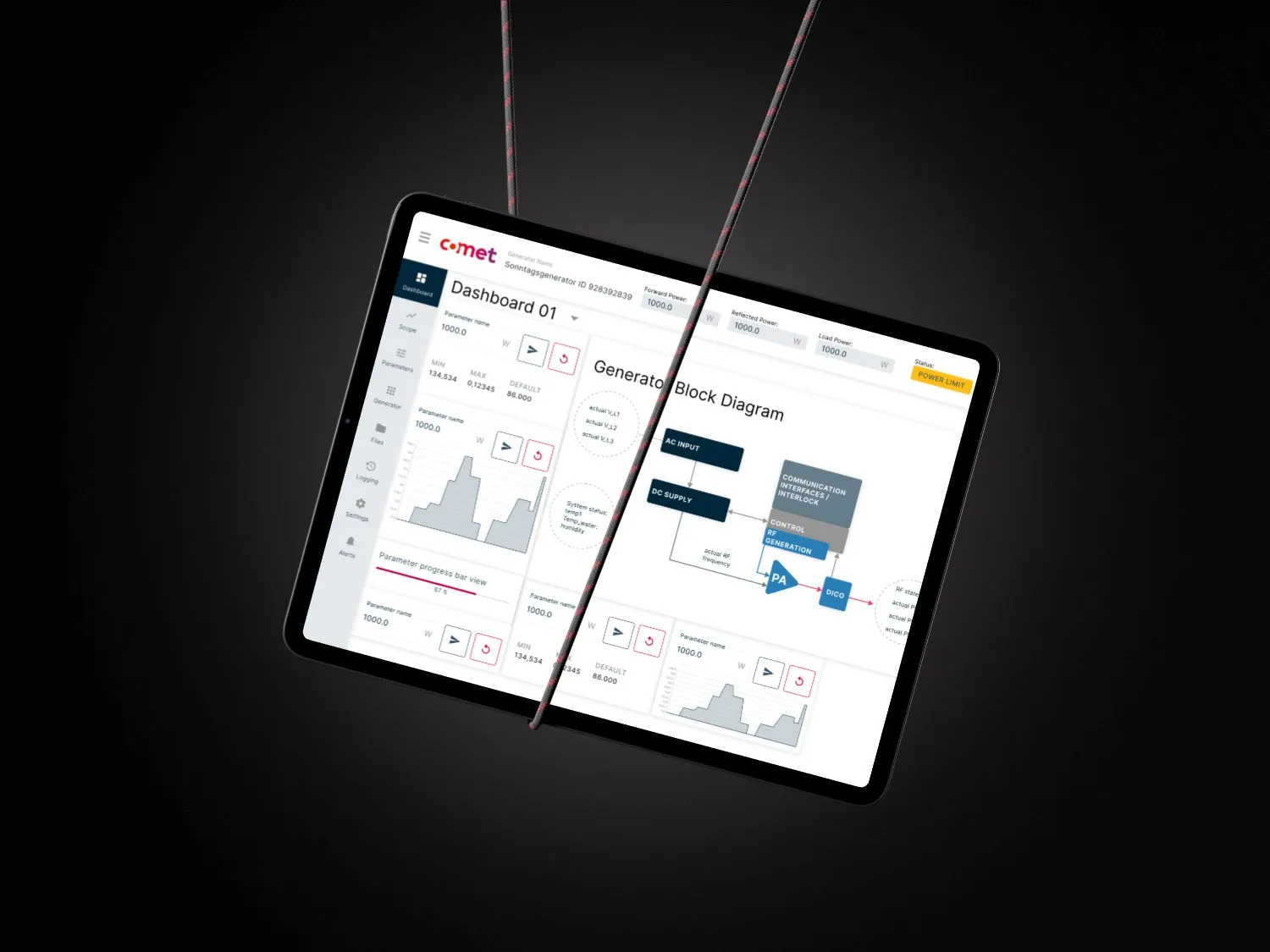 The Comet generator control interface shown across two tablets