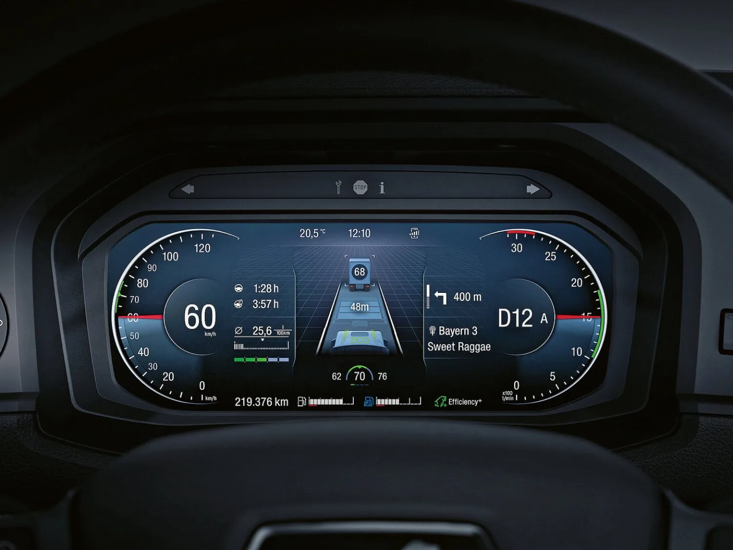 The MAN digital instrument cluster showing speed, assistance status and navigation