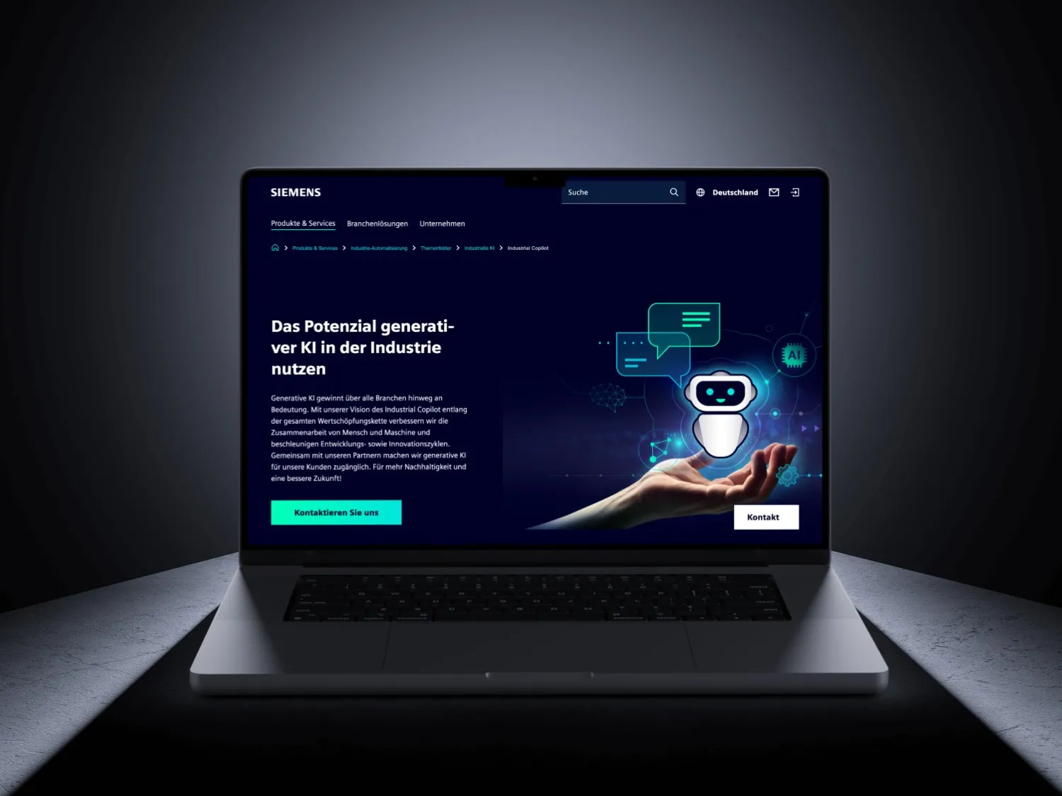 The Siemens Industrial Copilot introduction page shown on a laptop