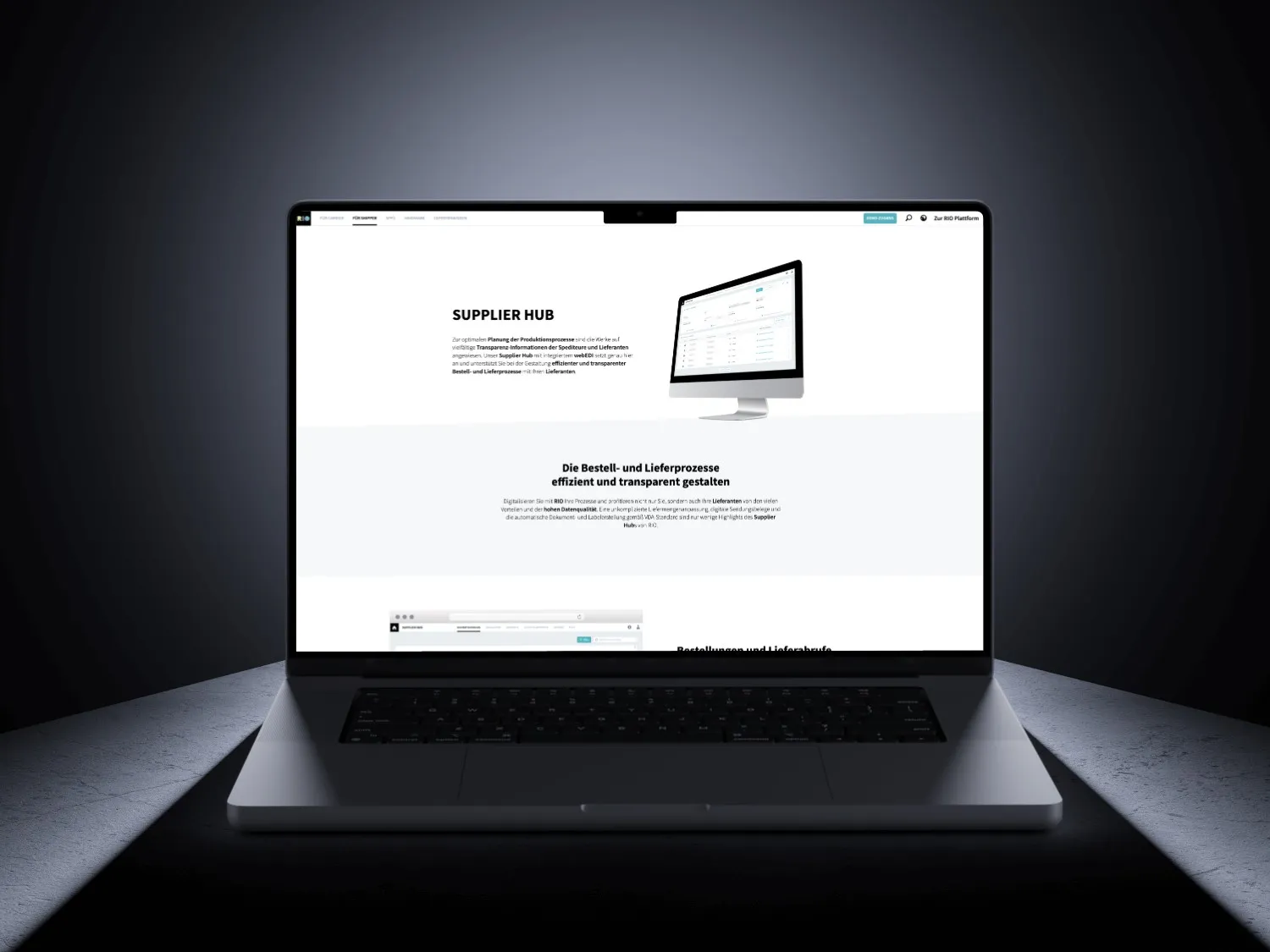 The RIO Supplier Hub landing page shown on a laptop